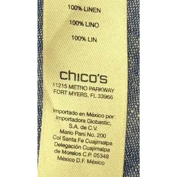 Chicos Top Womens 2 Large 12 Blue Chambray‎ 100% Linen 3/4 Sleeve Pockets Blouse - Picture 8 of 10